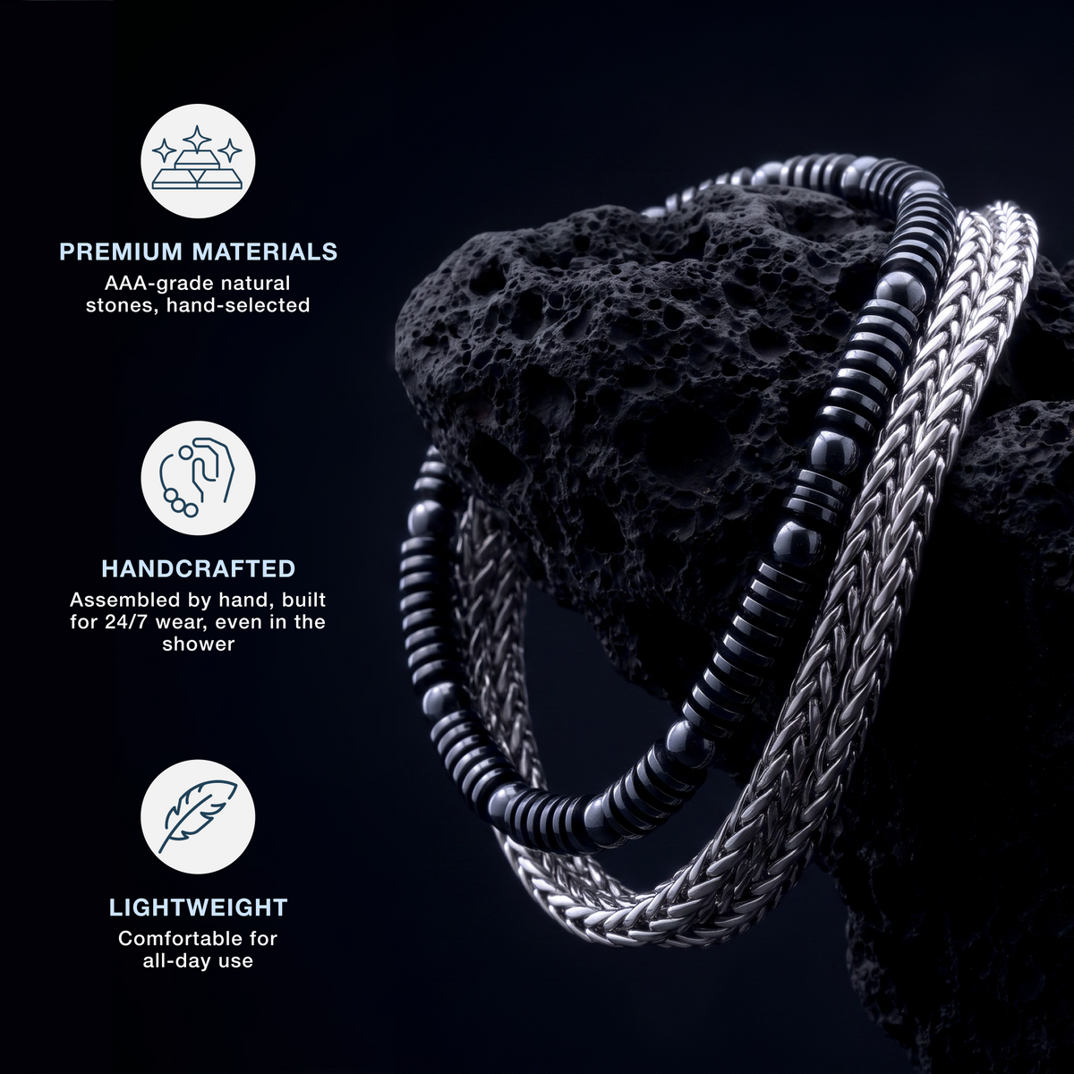 VANGUARD SET - SILVER CHAIN & HEMATITE BRACELETS